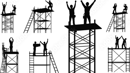 Construction worker silhouettes celebrating on scaffolding towers, builders raising arms in success at building site industrial vector illustration isolated on white background