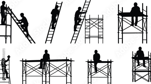Construction worker silhouettes climbing ladders and assembling scaffolding platforms, builders working at height industrial vector illustration isolated on white background