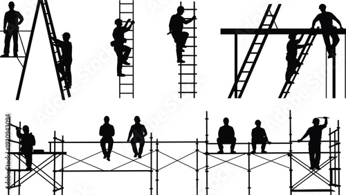 Construction worker silhouettes climbing ladders and working on scaffolding systems, builders performing tasks at height industrial vector illustration isolated on white background