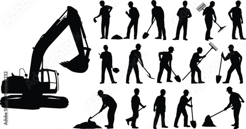 Construction worker silhouettes collection with excavator machine, builders using shovel and rake tools, heavy equipment and manual labor vector illustration isolated on white background