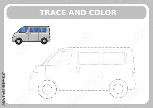 tracing and coloring worksheet of mini van for kids learning