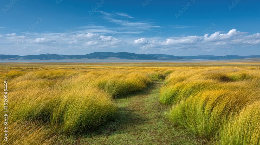 Obraz premium Serene Pathway Through Lush Golden Grasses Under a Clear Blue Sky Amidst Rolling Hills in a Tranquil Landscape