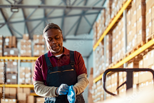 Warehouse worker putting on gloves in distribution center