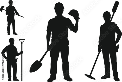 Construction worker silhouettes collection, builder holding helmet and shovel with pickaxe and measuring tools, industrial labor vector illustration isolated on white background