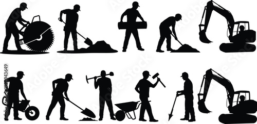 Construction worker silhouettes collection with tools and excavator machine, builders digging cutting and transporting materials industrial vector illustration isolated on white background