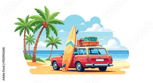 Vintage car with surfboard parked on a tropical beach under palm trees