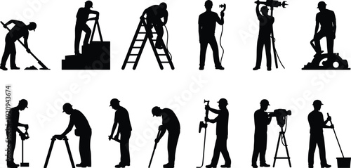 Construction worker silhouettes collection, builders using drill, jackhammer, ladder and shovel tools, industrial labor vector illustration isolated on white background