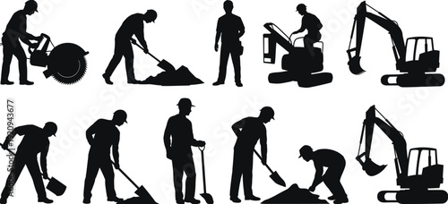 Construction worker silhouettes collection, builders with shovels and road cutter machine, excavator equipment and manual labor poses, industrial vector illustration isolated on white background