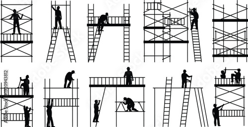Construction worker silhouettes on scaffolding platforms set, industrial builders performing maintenance and repair at height with ladders, black vector illustration isolated on white background