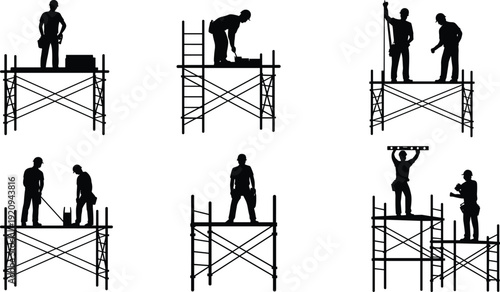 Construction worker silhouettes on scaffolding platforms set, industrial builders performing installation and maintenance at height with ladders and tools, black vector illustration isolated on 