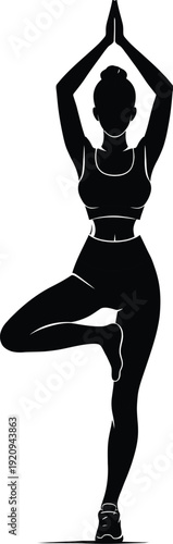 Woman in yoga tree pose silhouette vector illustration, isolated on transparent background. Depicts a female figure balancing on one leg with hands pressed together above her head
