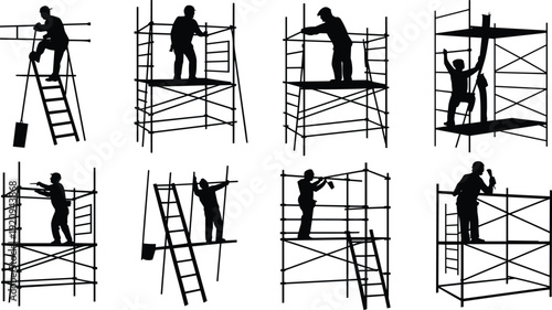 Construction worker silhouettes on scaffolding platforms with ladders and tools, industrial building repair and maintenance teamwork, black vector illustration isolated on white background
