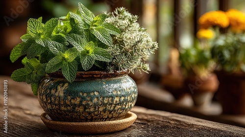 Wallpaper Mural Potted herbs in rustic ceramic pot on a wooden surface, soft lighting Torontodigital.ca