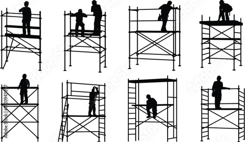 Construction worker silhouettes on scaffolding platforms, industrial builders working at height vector illustration set isolated on white background for building projects