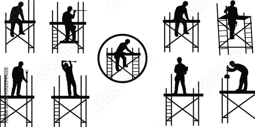 Construction worker silhouettes on scaffolding structures using tools, industrial building maintenance vector illustration isolated on white background