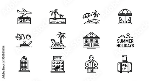 Collection of simple line icons depicting various summer vacation elements