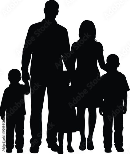 Black silhouette of family with two adults and three children standing together, unity support togetherness concept illustration design