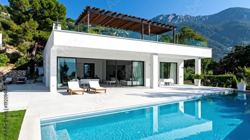 Modern luxury white villa with infinity pool and mountain view on a sunny day