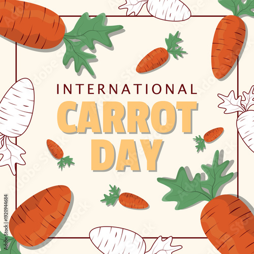 International Carrot Day Poster. Bunch of raw carrots with green tops