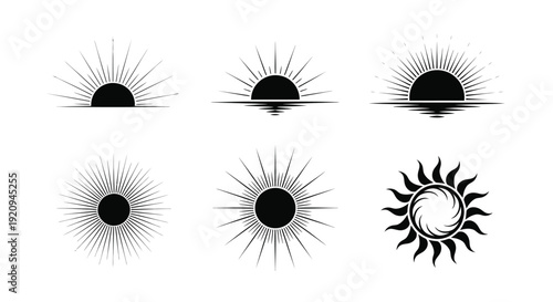 Minimalist sun designs abstract shapes and radiant line patterns