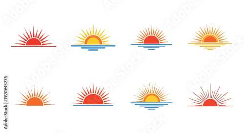 A collection of minimalist sunrises over ocean horizon line graphics