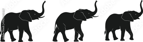 Black silhouettes of elephants walking with trunks raised, wildlife animal concept, repeated pattern sequence illustration design