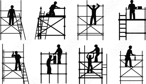 Construction worker silhouettes on scaffolding with ladders and tools, industrial building maintenance and repair teamwork, black vector illustration isolated on white background
