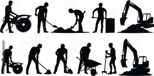 Construction worker silhouettes set with excavator and power saw, builders digging loading and transporting materials industrial vector illustration isolated on white background