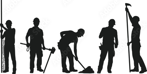 Construction worker silhouettes set, builders with shovel and hammer tools, manual labor poses in industrial engineering concept, vector illustration isolated on white background