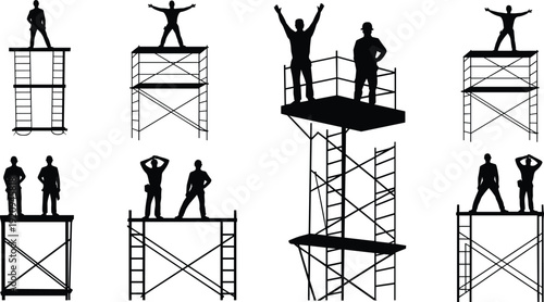 Construction worker silhouettes standing on scaffolding towers, builders posing and celebrating success at building site industrial vector illustration isolated on white background