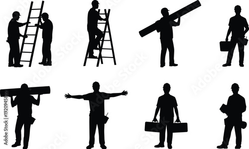 Construction worker silhouettes with ladder and toolboxes, professional builders carrying timber and equipment, industrial labor vector illustration isolated on white background