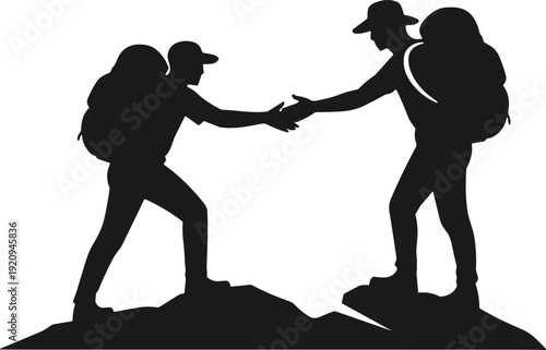 Black silhouettes of two hikers helping each other on mountainous terrain, outdoor teamwork adventure support concept illustration design
