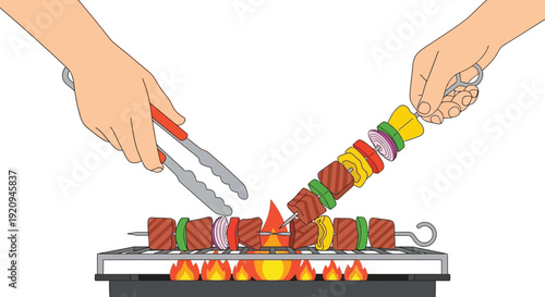 Hands grilling colorful meat and vegetable skewers over glowing embers