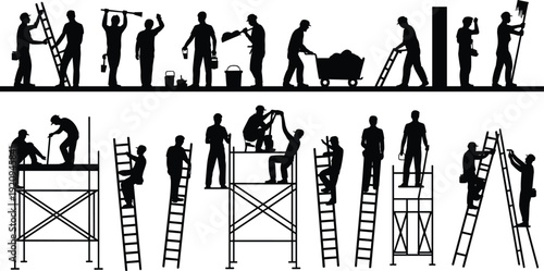 Construction worker silhouettes with tools and ladders working on scaffolding platforms, builders performing industrial tasks vector illustration isolated on white background