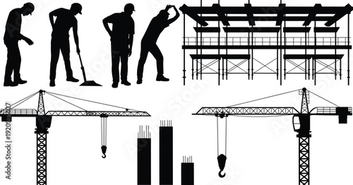 Construction worker silhouettes with tower cranes and building framework, industrial development and scaffolding structure vector illustration isolated on white background