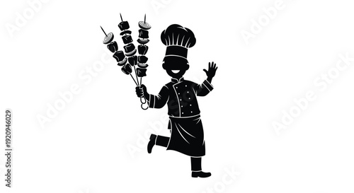 A cheerful chef presents skewers of food in a black and white illustration