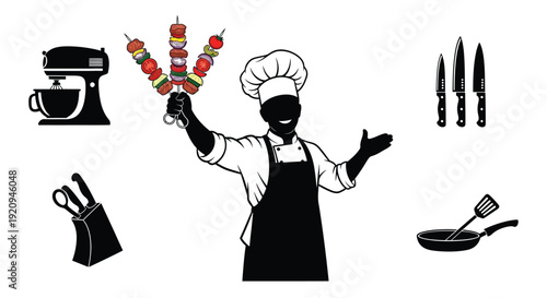 Culinary arts illustration featuring a chef and various cooking tools