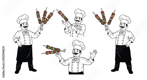 Cartoon chefs juggling skewers of meat and vegetables with flair