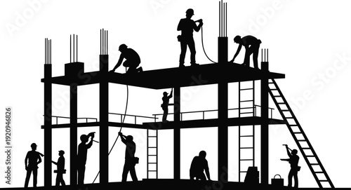 Construction workers building concrete framework silhouette vector illustration, labor team on scaffolding structure for commercial property development isolated on white background