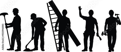 Construction workers carrying ladder and tools silhouettes set, industrial building repair and maintenance concept vector illustration isolated on white background