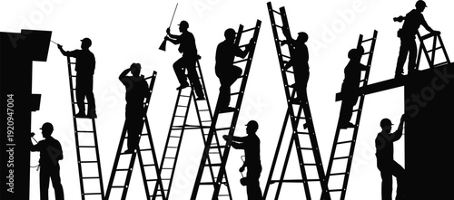 Construction workers on ladders forming word TEAM silhouette vector illustration, professional builders painting and repairing isolated on white background, teamwork concept