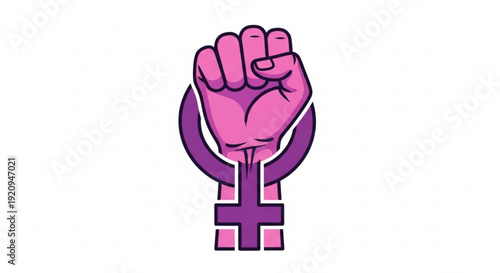 Feminist symbol with raised fist and venus symbol on white background representing female empowerment and equality
