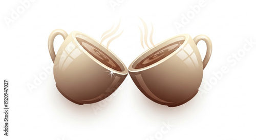 Two steaming coffee cups clinking together in a friendly gesture on a white background