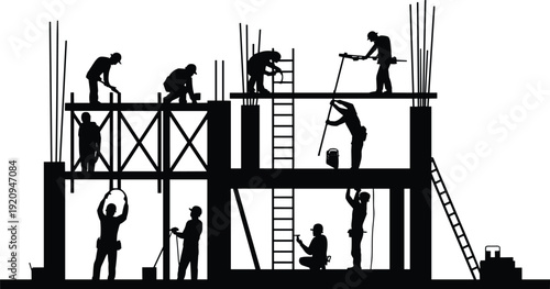 Construction workers on scaffolding silhouette vector illustration, team building concrete structure with ladders and tools for commercial development isolated on white background