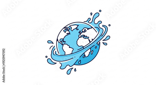 Earth globe with water splashes and droplets revolving around it on white background