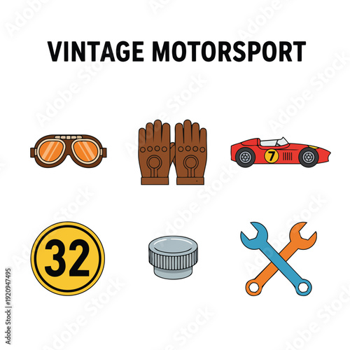 Vintage Motorsport Vector Illustration Icons Retro Racing Collection