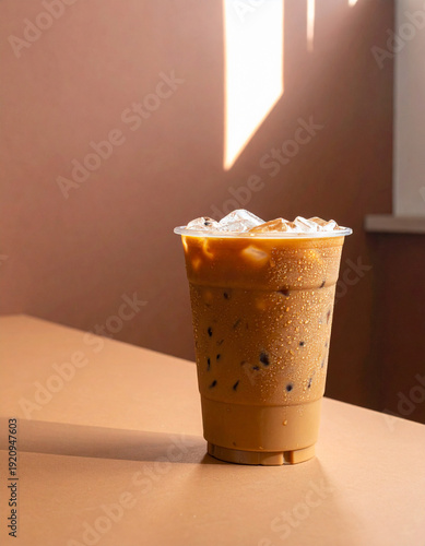 Enjoy a chilled iced coffee latte with milk and ice cubes. Perfect caffeine boost in a minimalist cafe setting with warm sunlight and aesthetic brown tones.