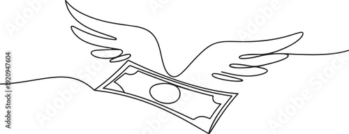 Continuous single one line drawing art of money paper flying with wings. one line art icon drawing vector