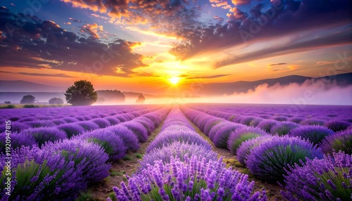 A vibrant sunrise over a field of lavender. Rows of purple flowers stretch towards the sun, surrounded by mist, mountains, and a cloudy sky
