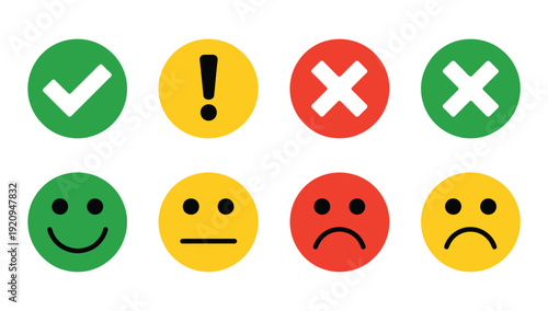 Colorful round feedback icon vector set, flat button symbols including green check marks, red crosses, yellow alert signs, and emoticons for rating systems, user feedback, UI design, and mobile apps
